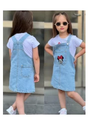 yns coolstar Minnie Print Jeans Salopet Gilet Dress with Shorts 2 Pieces Set