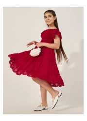 Styli Schiffli Smocked Detail Tiered Dress