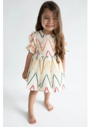 Magu Girl's Ecru Patterned Lined Cotton Dress