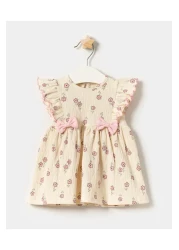 Minipodyum Baby Girl Bow Detailed Floral Knitted Muslin Summer Dress