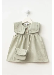 Minipodyum Baby Girl Collar Embroidered Bag Holiday Linen Dress