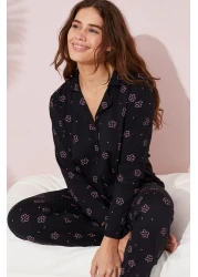 Siyah İnci Cotton Black and Pink Floral Patterned Buttoned Pajamas Set