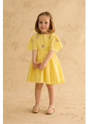Fahhar Kids فستان قطن مطرز أصفر