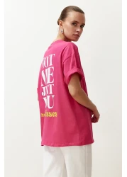  Collection Fuchsia 100% Cotton Back and Front Slogan Printed Oversize/Comfortable Fit Knitted T-Shirt TWOSS24TS00235