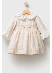 MixMax Bebe Baby Girl Floral Patterned Ecru Color Elegant Dress 100% Cotton