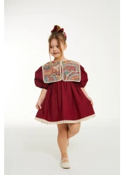 Elidabutik Ethnic Pattern Collar Detailed Burgundy Dress