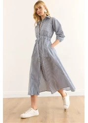 Olalook فستان قميص طويل بخصر مطاطي باللون الأزرق الداكن للنساء ELB-19002398