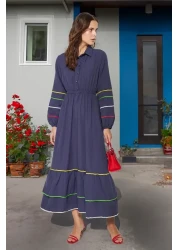  Modest Navy Blue Stripe Detailed Half Placket Cotton Woven Dress TCTSS23EB00302