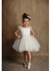 black white wedding Girl's White Fluffy Dress Birthday Dress with Lace Detail