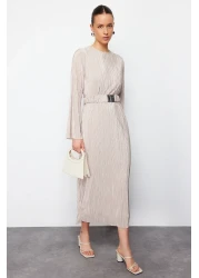  Modest Gold Knitted Dress - Belt and Pleated, TCTSS24EB00154