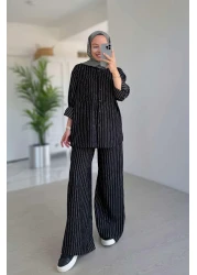 Ka Hijab Wide Leg Striped Suit - Black
