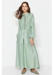  Modest Light Khaki Tied and Stripe Detailed Woven Linen Look Dress TCTSS23EB00272
