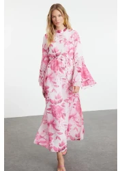 Modest Fuchsia Floral Patterned Chiffon Dress - Woven Lined TCTSS24EB00276