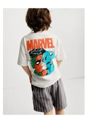 Magu Boys' Marvel Character Printed White T-Shirt and Striped Shorts Set