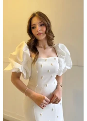 HELİS BUTİK Square Collar Maxi Length Stone Detailed Pera White Dress