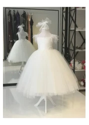 Black&White Girl's White Fluffy Dress, Birthday Dress, Lace Detailed Feathered Wedding Dress, Princess Model