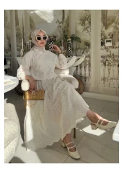 PİNK FLY Stone Detailed Floor-Length Scallop Hijab Set Cream