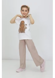 RAPİDO LİFE Girl's Summer Printed Short Sleeve T-Shirt Striped Pattern Belted Pants Two Piece Set