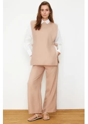  Modest Mink Linen Look Side Tie Woven Bottom Top Set TCTSS24US0001