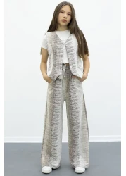 Cansın Mini طقم بناتي مكون من قطعتين مع سترة بأزرار بنية وسروال واسع الأرجل وحزام 21014