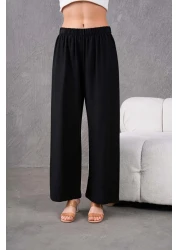 MVStore Women's Elastic Waist Wide Leg Comfortable Fit Linen Trousers