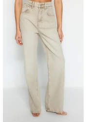  Collection Beige Faded Effect Vintage Normal Waist Wide Leg Jeans TWOSS24JE00011
