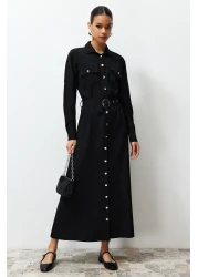  Modest Black Gold Button Detailed Woven Shirt Dress TCTSS24EB00132