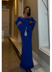 Mossta فستان سهرة بأكمام إسبانية باللون الأزرق من Saks - بتفاصيل حجرية