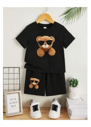 THEKONT نظارات الدب المطبوعة التي شيرت والسراويل القصيرة مجموعة الأطفال