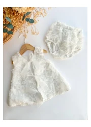 PİTABABY 2-Piece Glittery White Rose Motif Girl's Dress