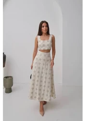 369 etnik butik “Cream Patterned Two Piece Summer Suit – Square Neck Crop and A-Line Skirt”