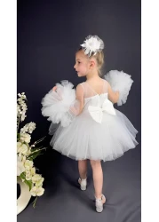 BAMBİNO KİDS Chiffon Robe, Pompom Sleeve, Sequined Girl's Crinoline Skirt, Tutu Evening Dress