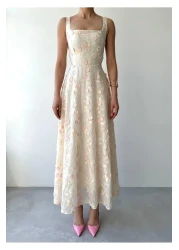 Julidress فستان طويل من الكتان بتصميم مميز مع تطريز وزهرة وردية ثلاثية الأبعاد مطرزة بحزام مبطن