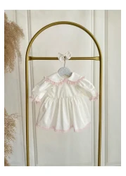 Hobidik HOBİDİK Girls Pink Guipure Lace White Satin Dress Set