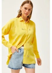 Olalook Women's Yellow Collar and Jewelled Front Six Oval Woven Shirt GML-19001149