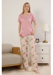  Collection Pink Cotton Floral Slogan Knitted Pajama Set