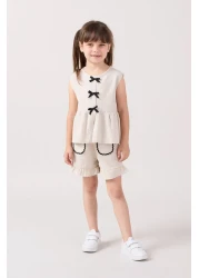 Minipodyum Girls' Linen Summer Double Suit with Bow Detail Shorts