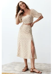  Collection Beige Viscose Midi Blouse and Skirt Set - Slit Detail, Polka Dot Twoss20Au0097