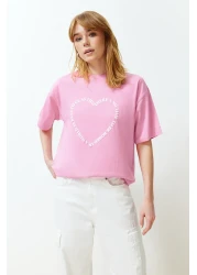  Collection Pink 100% Cotton Heart Slogan Printed Oversize/Comfortable Cut Knitted T-Shirt TWOSS24TS00139