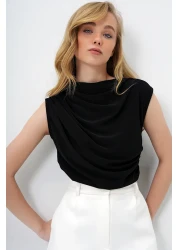 Trend Alaçatı Stili Women's Black High Collar Shoulder Draped Sleeveless Sandy Blouse ALC-X10021