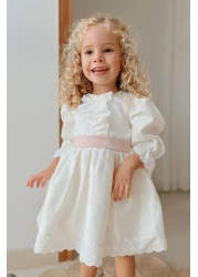 Le Mabelle Ecru Vintage Girls' Dress with Pearls on the Front - Joana