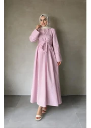 CNG MODA فستان من قماش البوبلين مع حزام على الخصر وأزرار متقاطعة