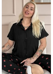 Pijamaevi Black Noir Fraise Patterned Front Buttoned Marlenka Pajama Set