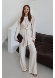 Laluvia Natural Gold Brooch Blouse Trousers Set - 8759