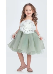 Mnk Baby&Kids Light Green Floral Print Girls' Evening Dress - Karolin M00724 with Ankle and Accessories