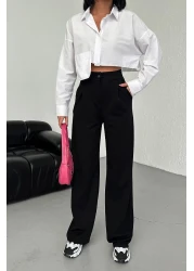 CNRCollection بنطلون بالازو نسائي أسود عالي الخصر مطوي بأزرار من الليكرا قابل للتمدد مقاس كبير غير رسمي