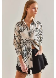 Bianco Lucci Women's Large Leaf Patterned Casual Linen Shirt60101021