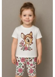 miniktavşanlarkids 100% Cotton Girl's Floral Patterned Cute Deer Printed T-Shirt and Capri Set - 1-10 Years