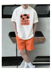 LEONE KOLEKSİYON White&Orange Tropical Printed Short Sleeve T-Shirt and Shorts Two-Piece Set