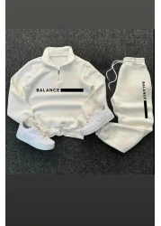 CAST COLLECTİON Unisex White Balance Printed Zip-Up Collar Sweatshirt Sweatpants Set